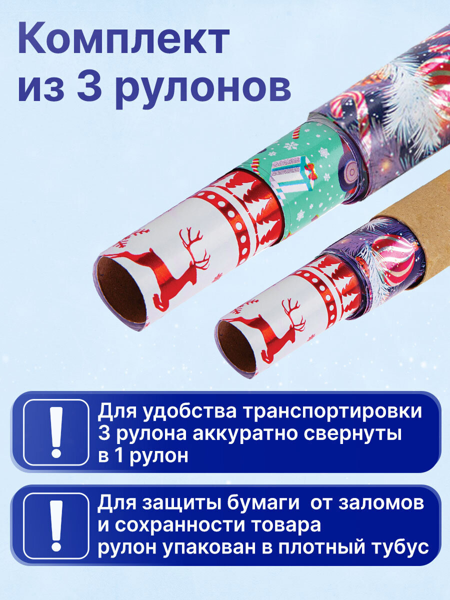 Упаковочная бумага Золотая сказка для новогодних подарков с эффектами 3 шт 70х100 см HoHo Xmas - фото 2
