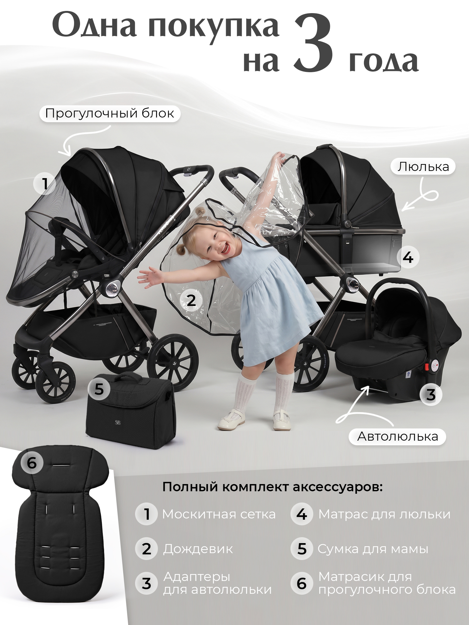 Коляска 3в1 Sweet Baby Verde Black черный - фото 12