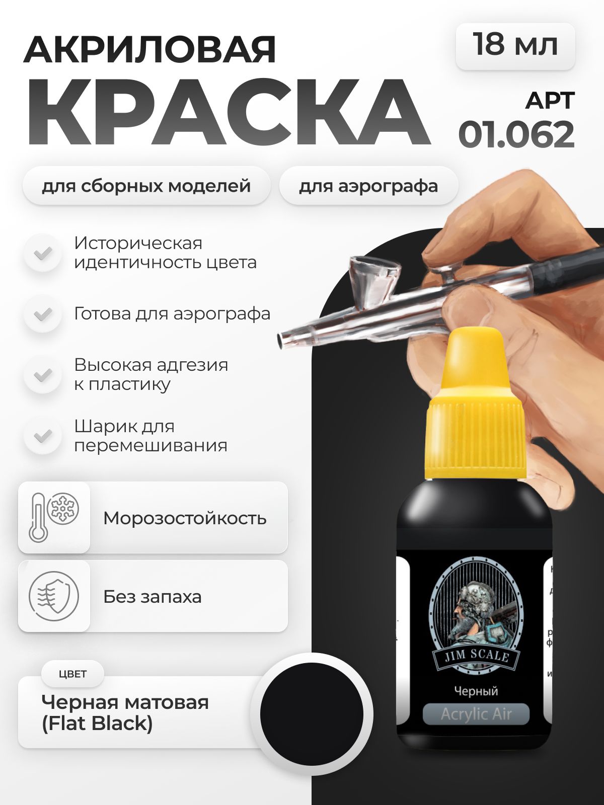 Акриловая краска для сборных моделей Jim Scale Flat Black (Черная матовая) 18мл 01.062 - фото 1