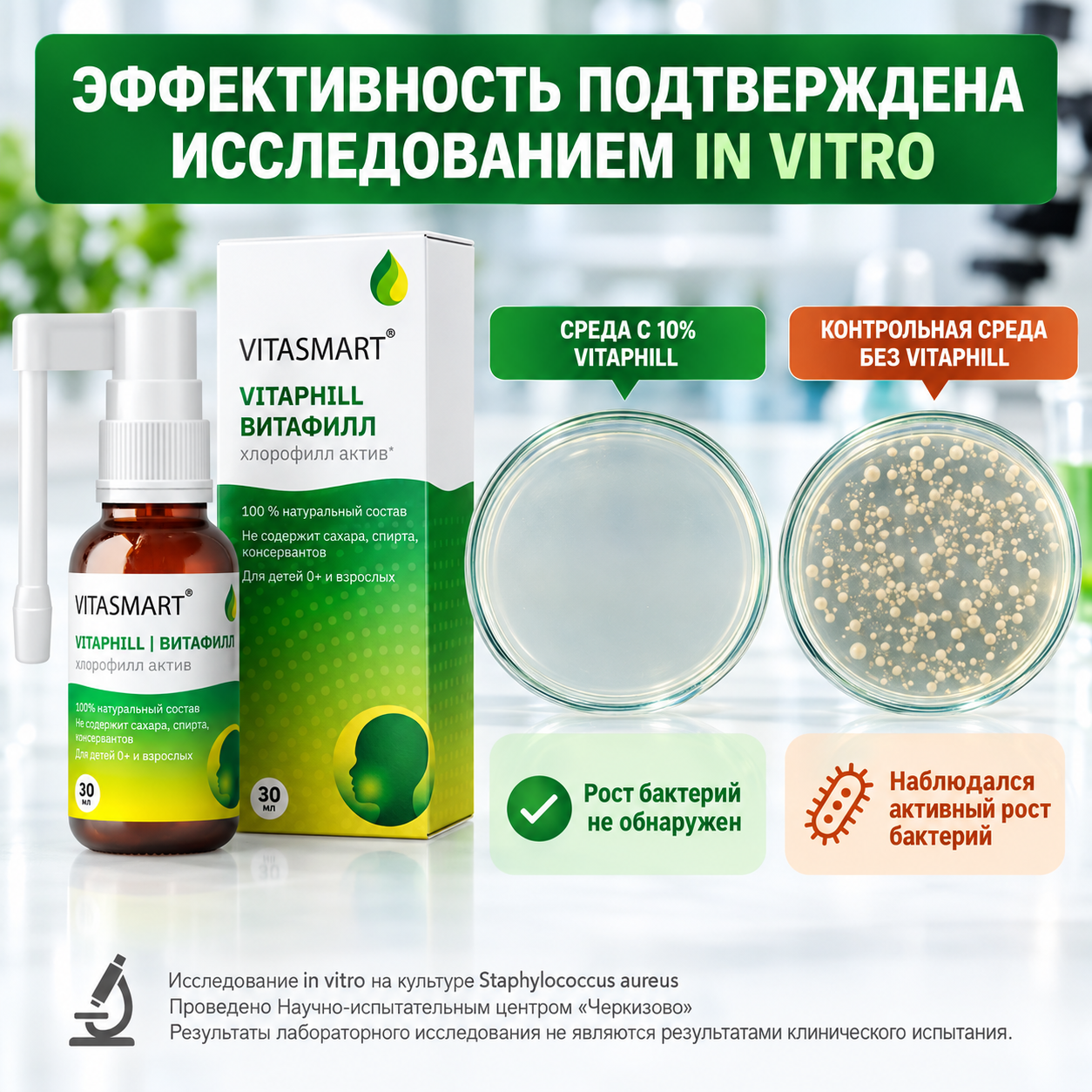 Хлорофилл жидкий спрей заживляющий 30мл VITASMART обработка трещин сосков антисептик для полости рта глотки и кожи - фото 6