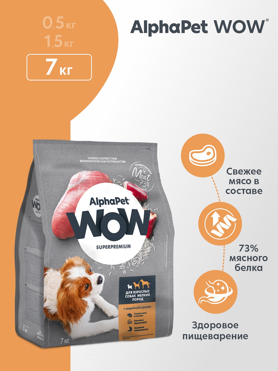 Корм для взрослых собак мелких пород AlphaPet Wow Superpremium сухой с индейкой и рисом 7кг - фото 1