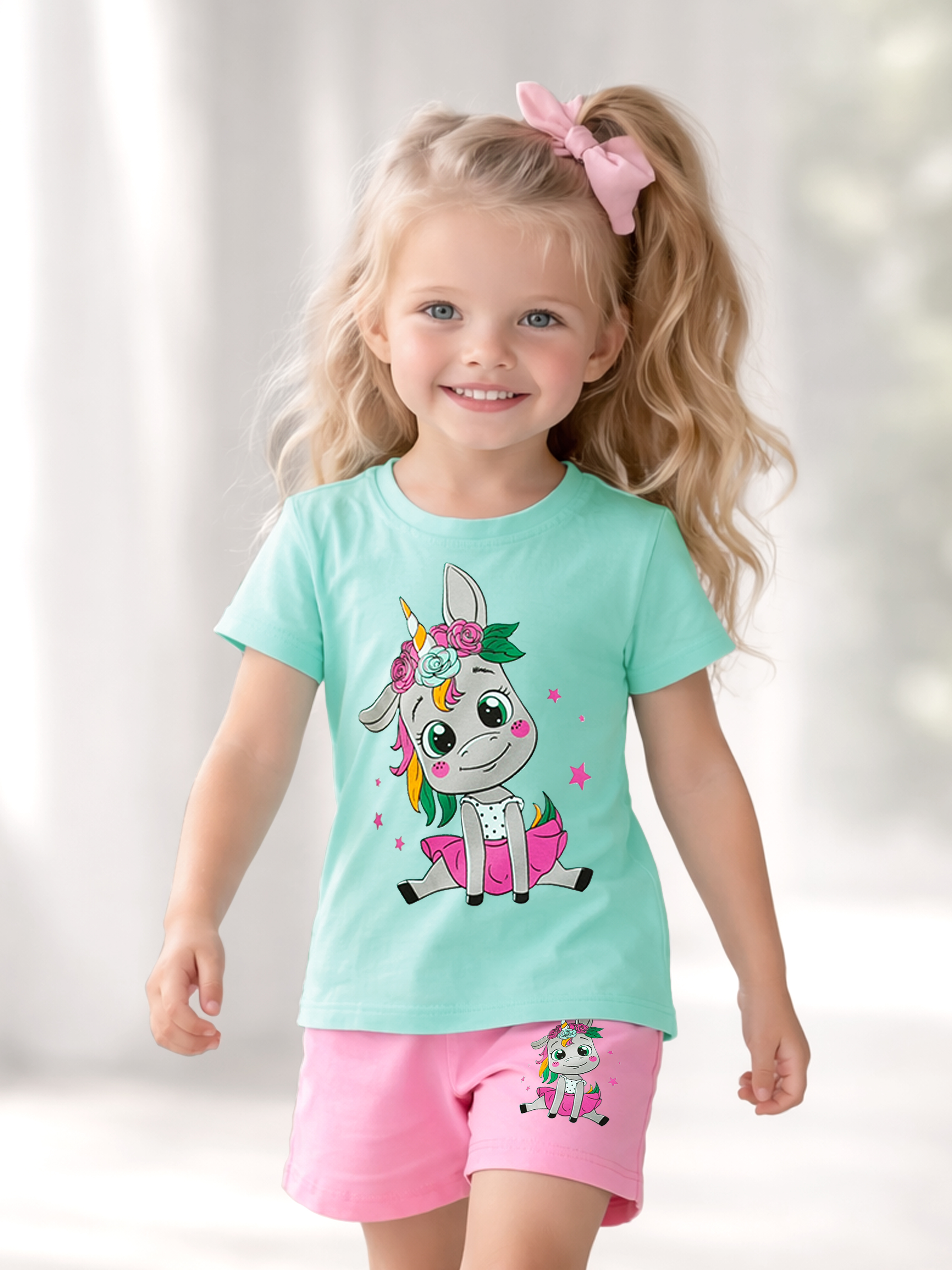 Изображение товара Детский летний костюм для девочки из хлопка с принтом 104 размер