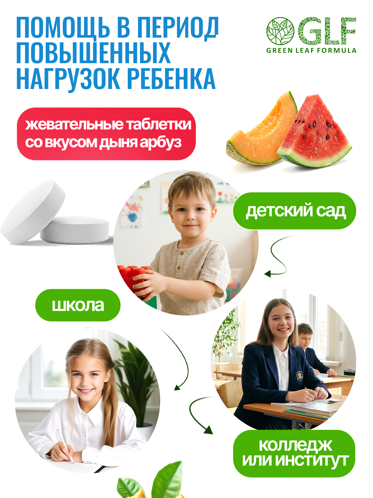 Магний В6 для детей жевательный дыня Green Leaf Formula арбуз витамины для детей для нервной системы успокоительное - фото 3