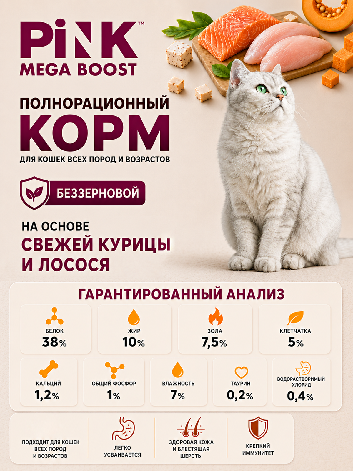Сухой корм для стерилизованных кошек PINK MEGA BOOST Курица с лососем с сублимированным мясом 1.8 кг - фото 5