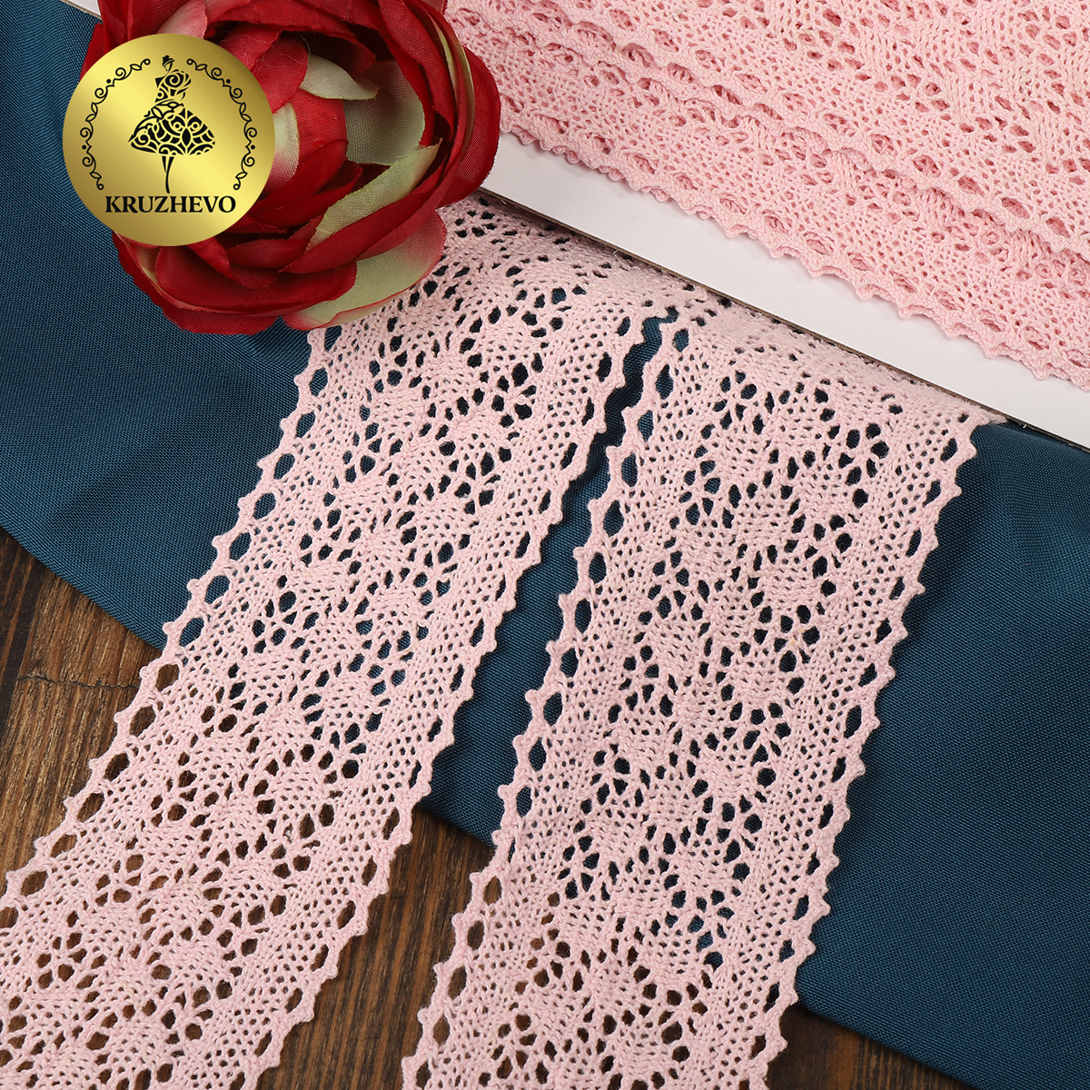 Кружево вязаное хлопковое KRUZHEVO 60мм цв.светло-розовый уп.10м - фото 1
