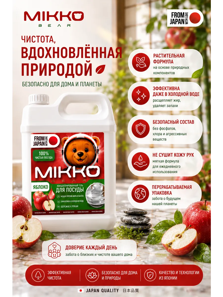 Средство для мытья посуды Mikko Bear с ароматом Яблоко 5000 мл - фото 8