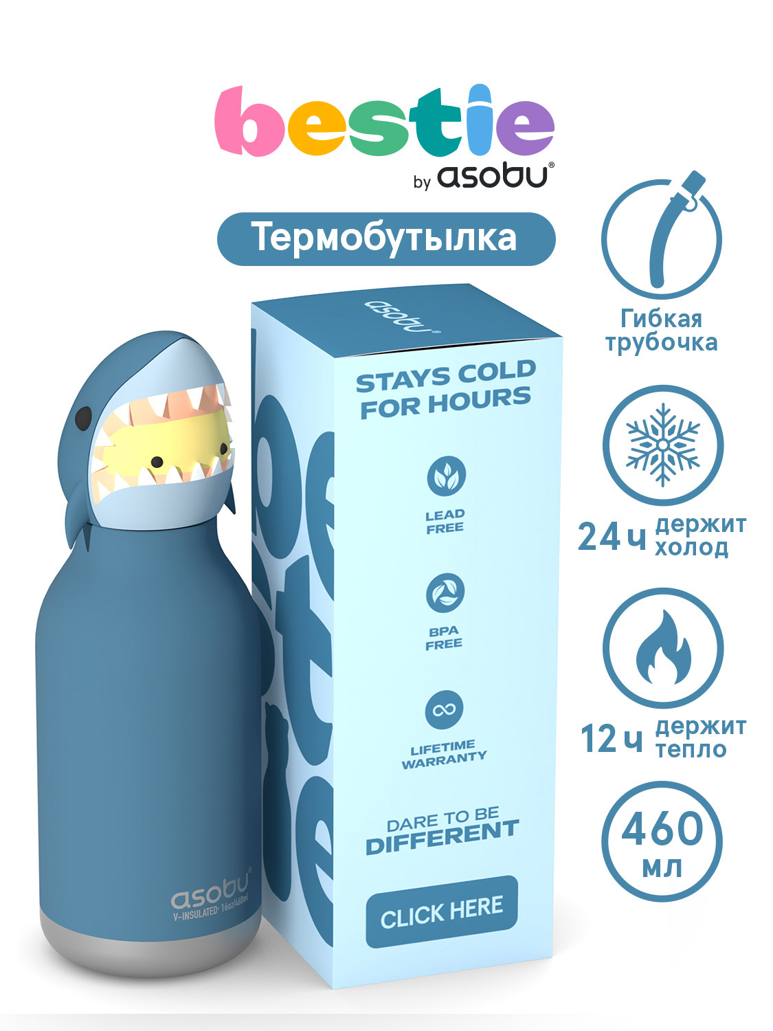 Термос для воды с трубочкой ASOBU Bestie Акула 460 мл - фото 1