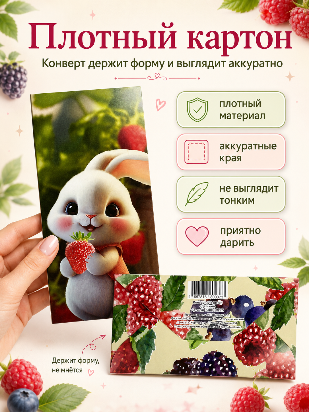 Конверты для денег детские Филькина Грамота с зайчиком и клубникой, 10 шт. - фото 3