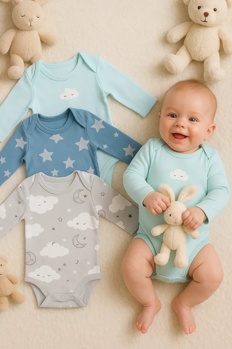 Боди 3 шт Mark Formelle (Марк Формэль) 13016-3/голубой +облака на сером +звезды на сине -сером - фото 1