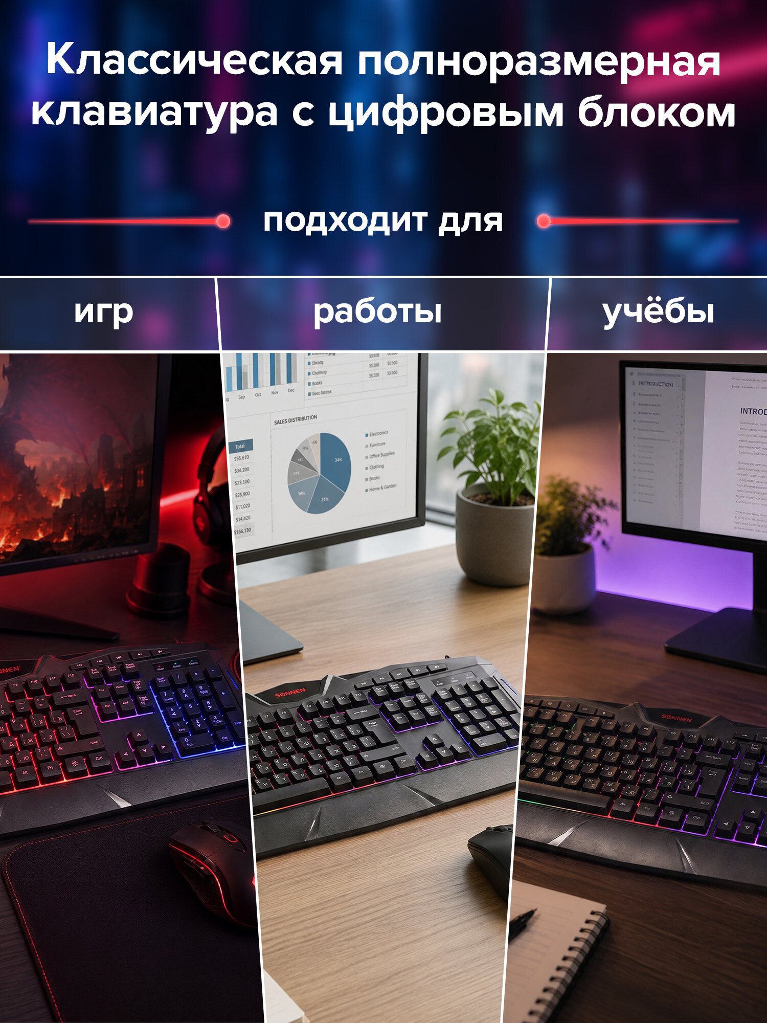 Клавиатура игровая Sonnen проводная для компьютера подсветка черная - фото 2