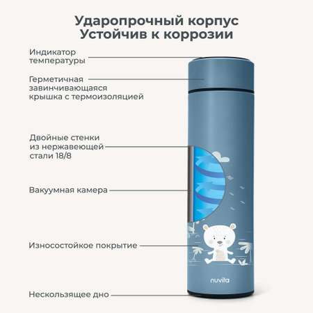 Термос с датчиком температуры и ситечком Nuvita для воды чая и других напитков 500 мл синий