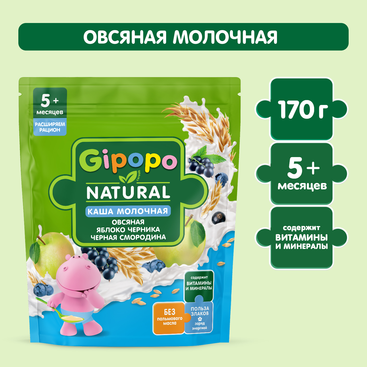 Каша Gipopo молочная овсяная яблоко черника черная смородина 170г с 5 месяцев - фото 1