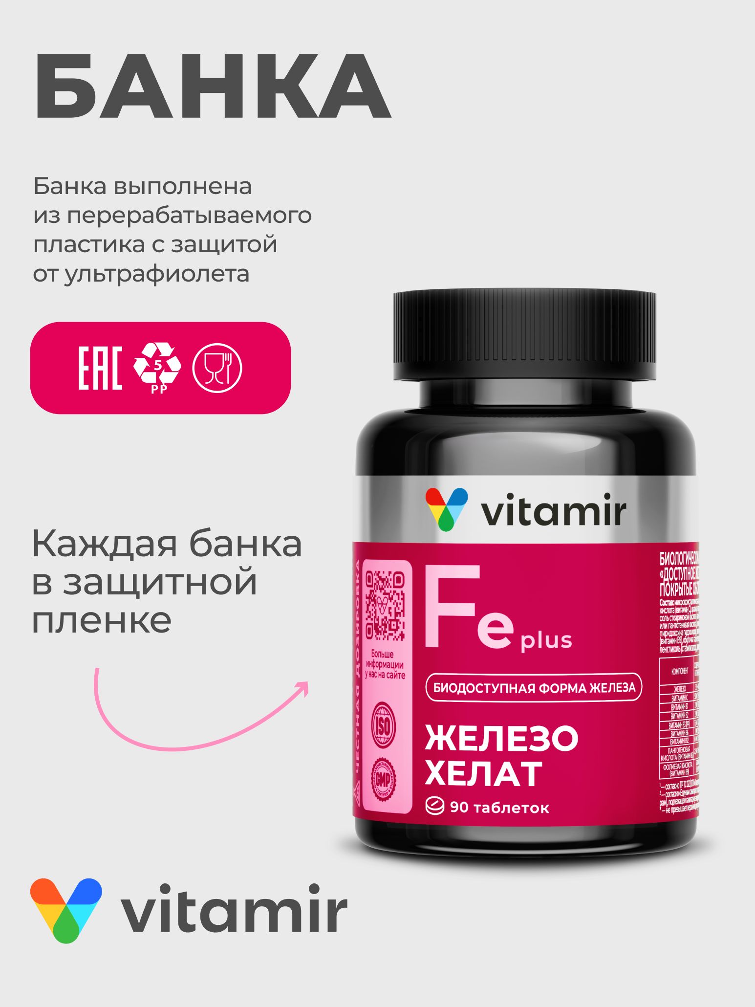 Железо хелат с витаминами VITAMIR для гемоглобина и профилактики анемии 90 таблеток - фото 5