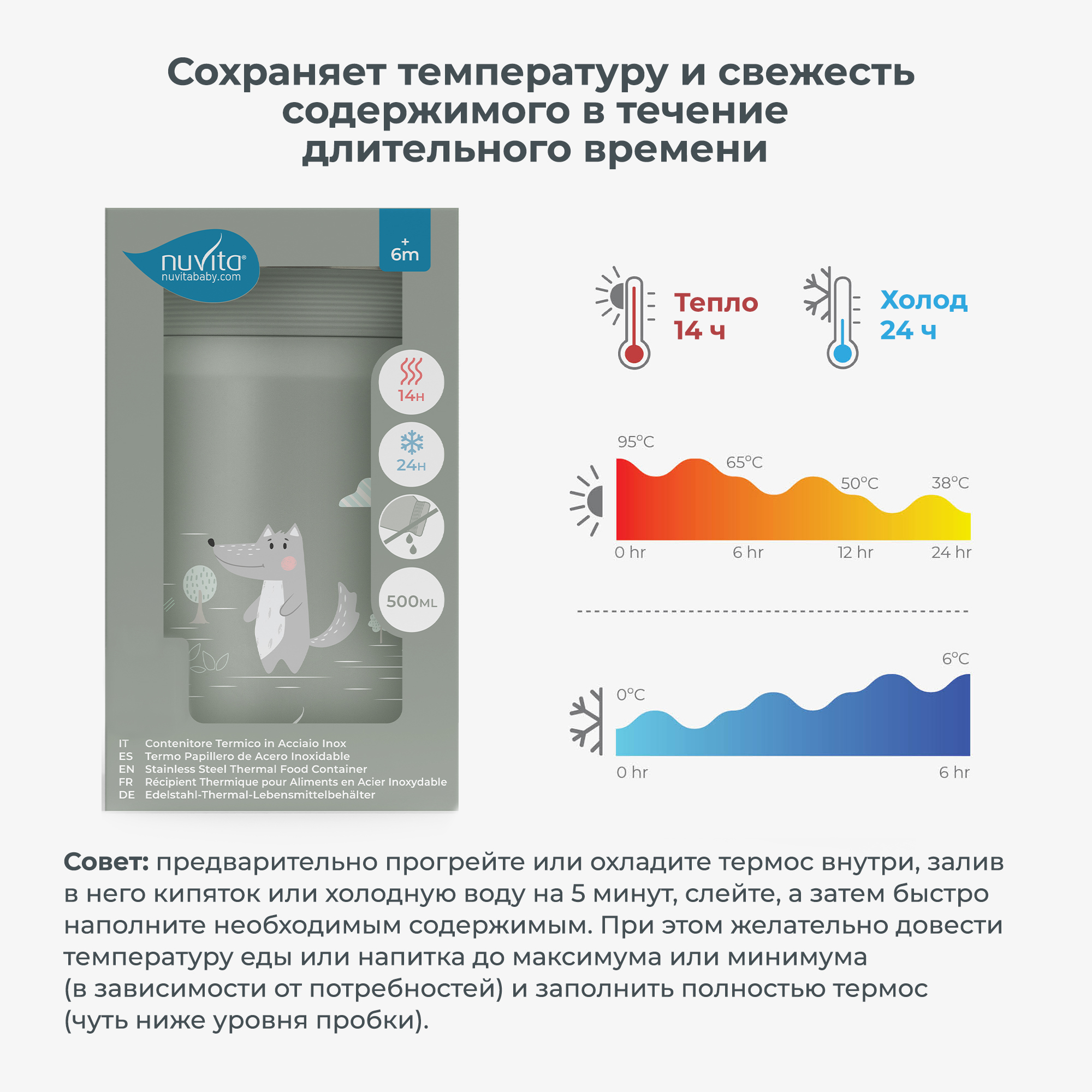 Термос детский для еды и жидкостей Nuvita с широким горлом 500 мл серо-зеленый - фото 3