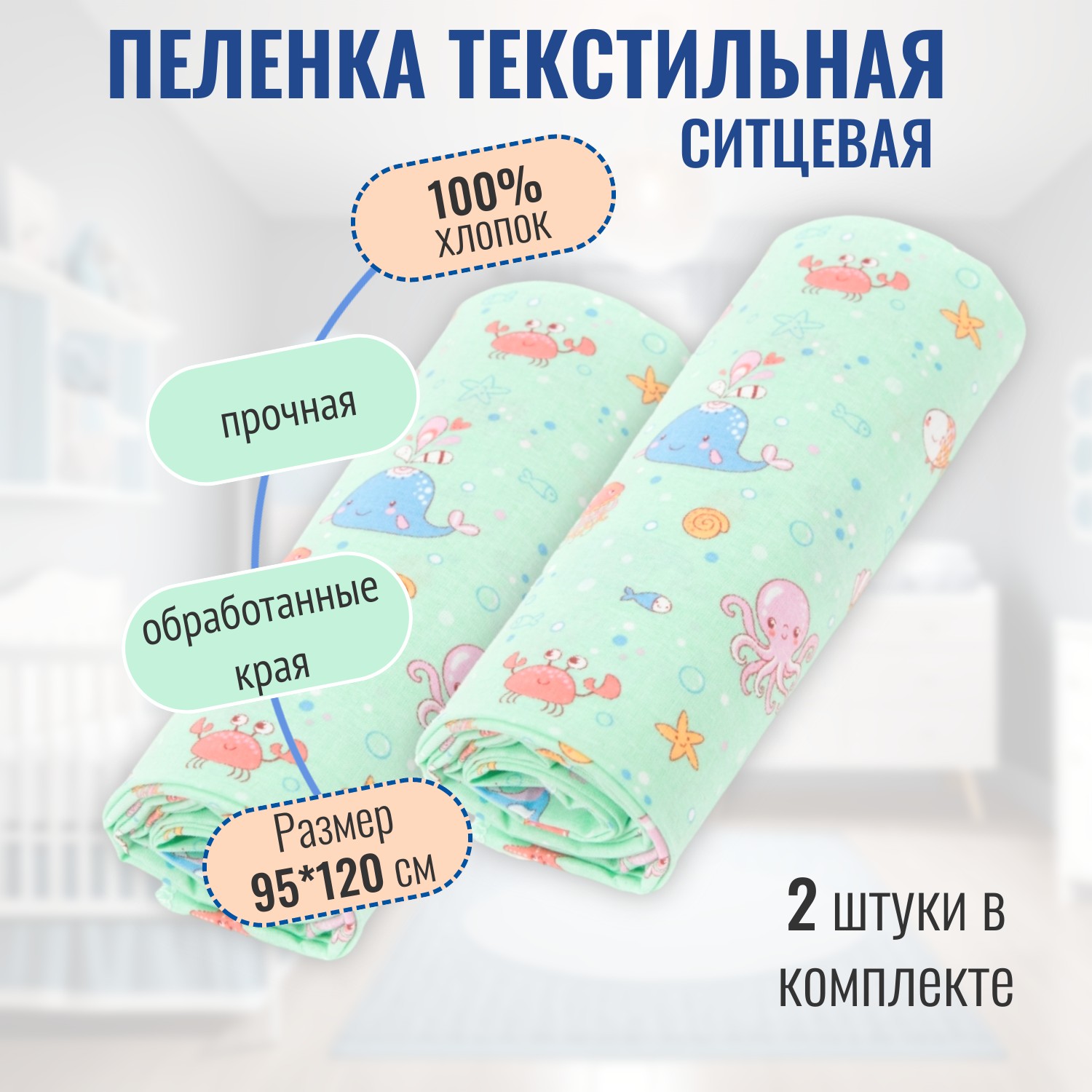 Пеленка ситцевая Чудо-Чадо для новорожденных «Вариации» океан 2 шт 95х120см - фото 1