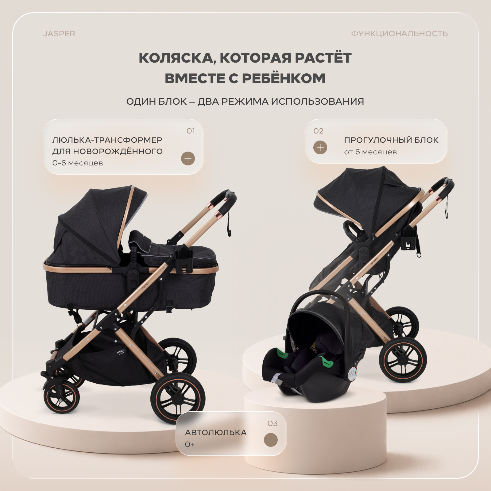 Коляска трансформер MOWbaby jasper 3в1 gold black черный - фото 2