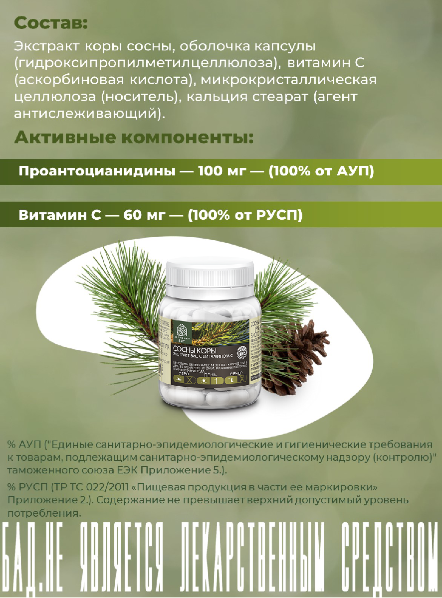 БАД Экстракт-ВИС Сосны коры экстракт с витамином С (Pine Bark Standardized EXTRACT VIS) капсулы №30 - фото 3