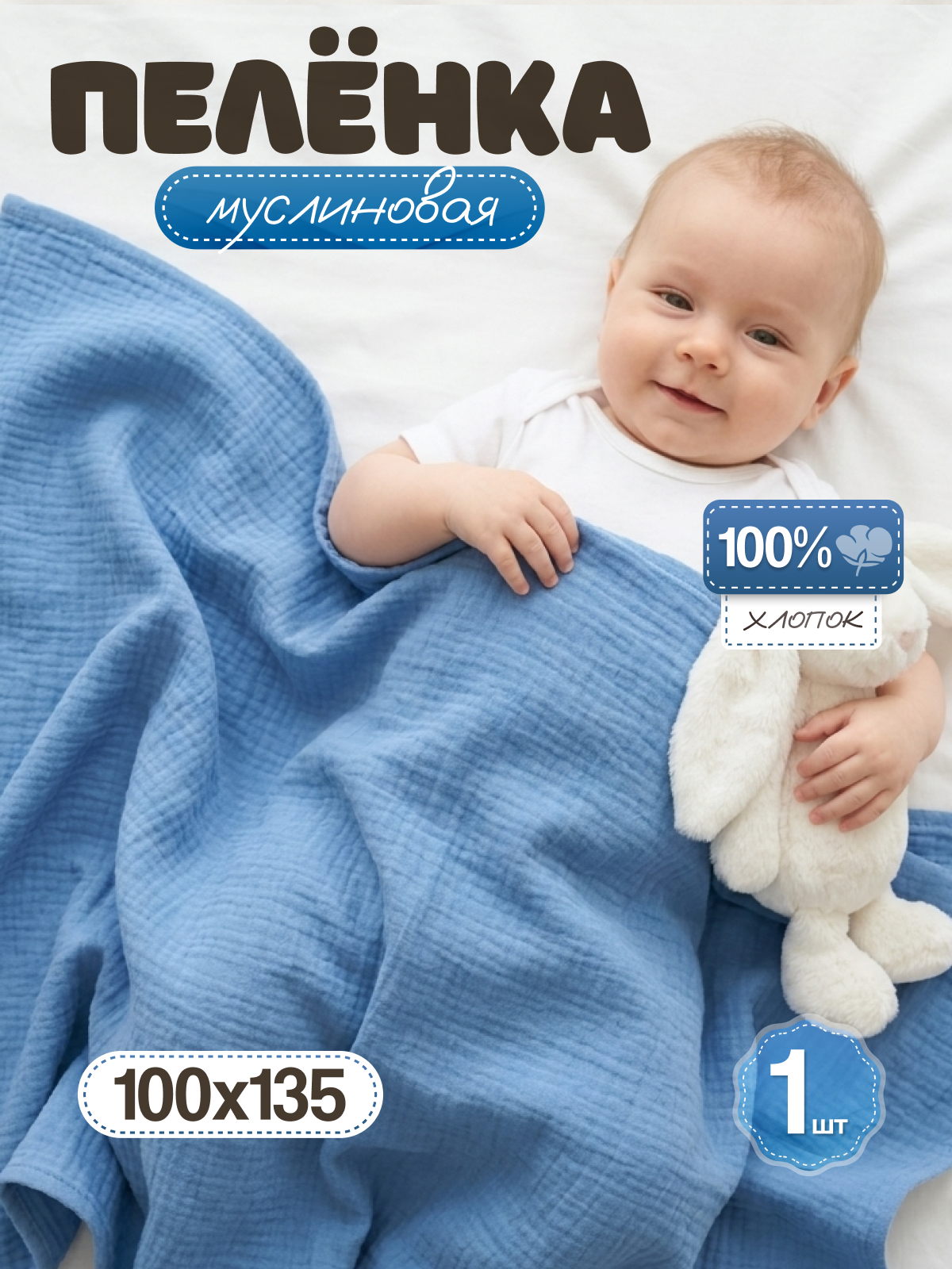 Пелёнка Loo-Loo синяя муслин 100х135 см 1 шт. - фото 1