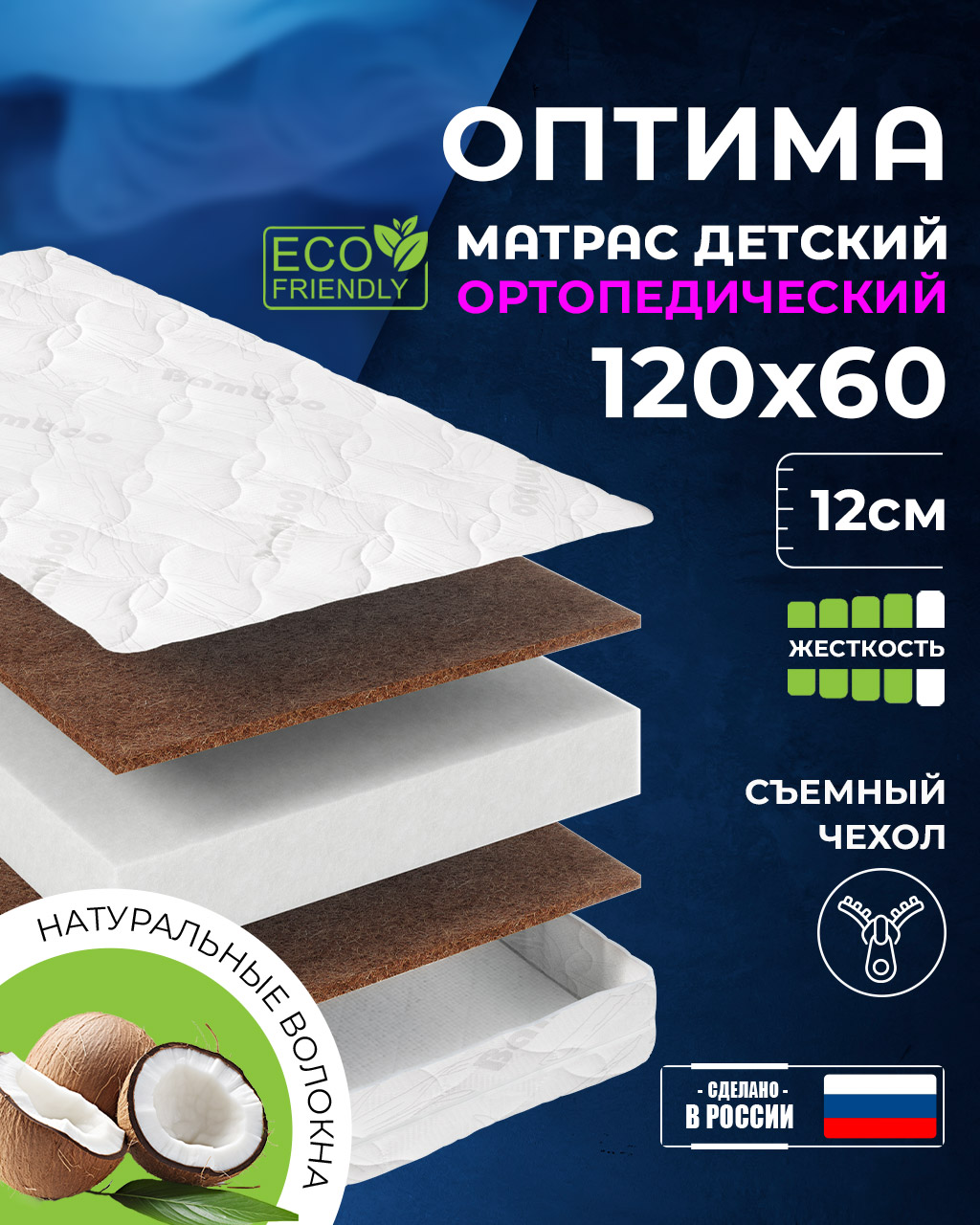 Изображение товара Детский матрас 60х120 Baby Elite Оптима — кокосовая койра и холлофайбер