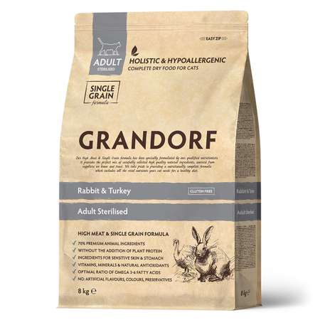 Корм для кошек Grandorf 8кг кролик с индейкой для стерилизованных кошек
