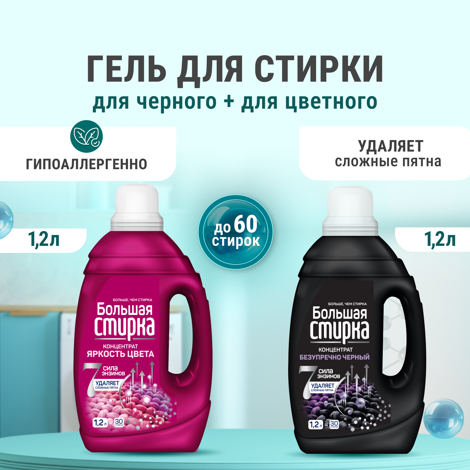 Гель для стирки Большая Стирка Цветное 1.2 л 2 упак. - фото 1