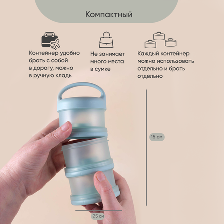Контейнер для молочной смеси Paomma и детского питания 3 отделения цвет Зеленовато Серый