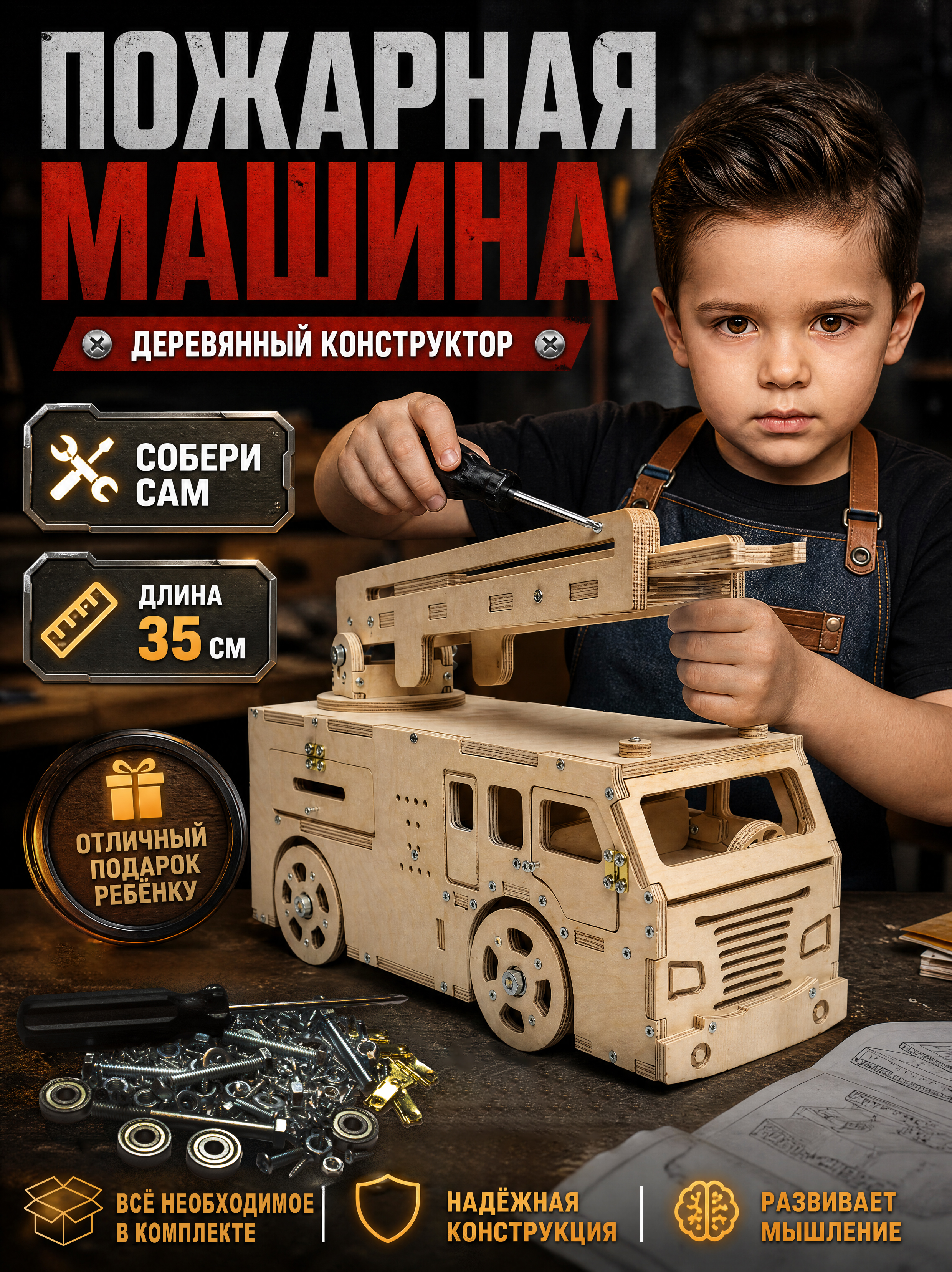Конструктор КонструкториуМ Пожарная машина деревянный 59 дет. - фото 1