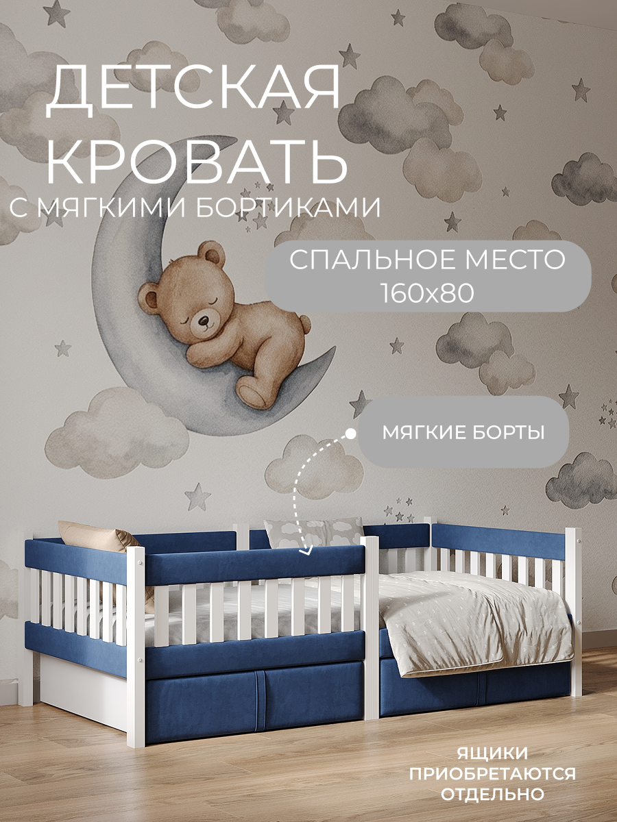 Кровать подростковая Мамина прелесть с мягкими бортиками 160х80см (синий) - фото 1