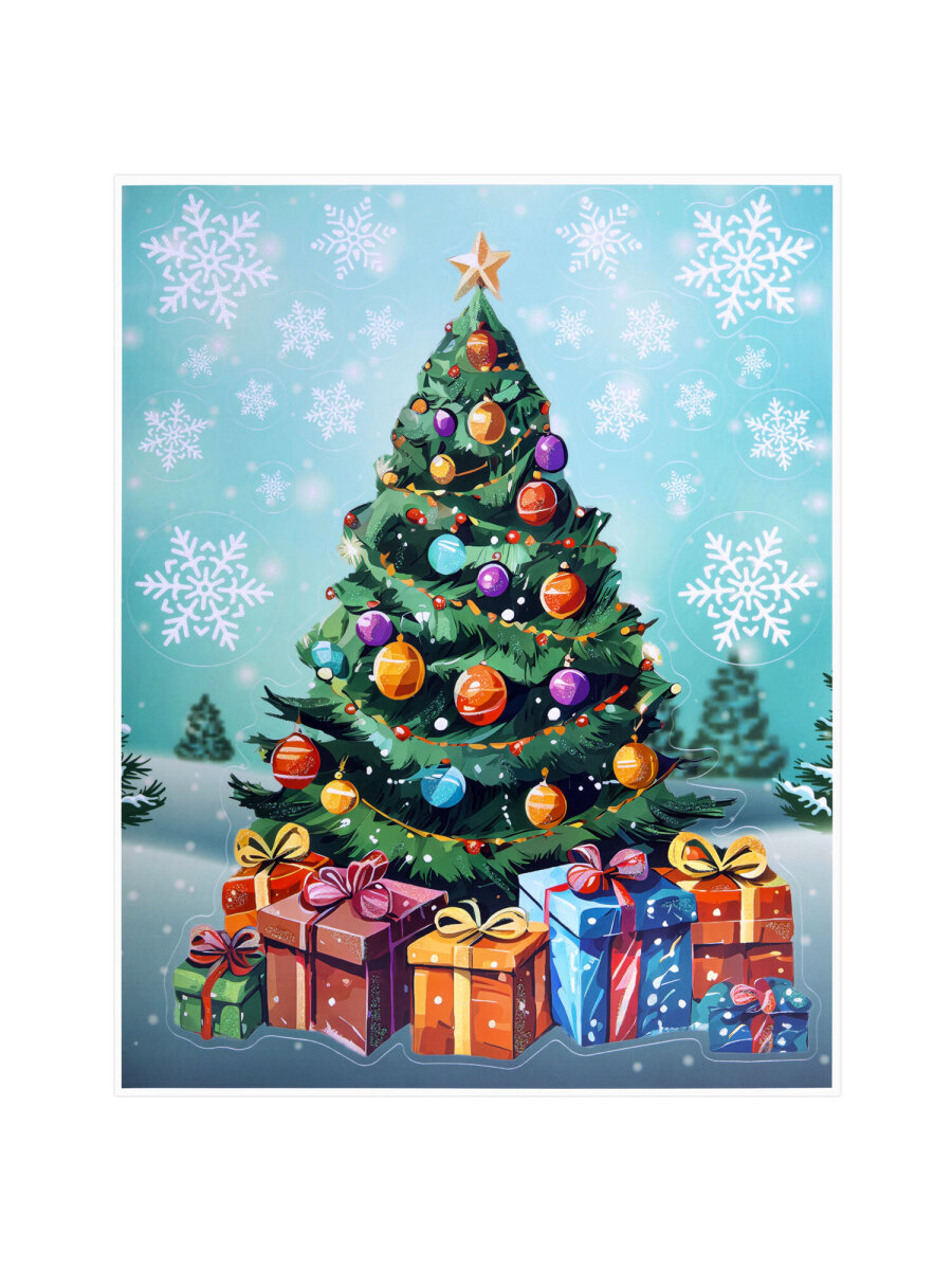 Новогодняя наклейка Золотая сказка на окна и стекла двусторонняя многоразовая Елка 30x38 см - фото 7