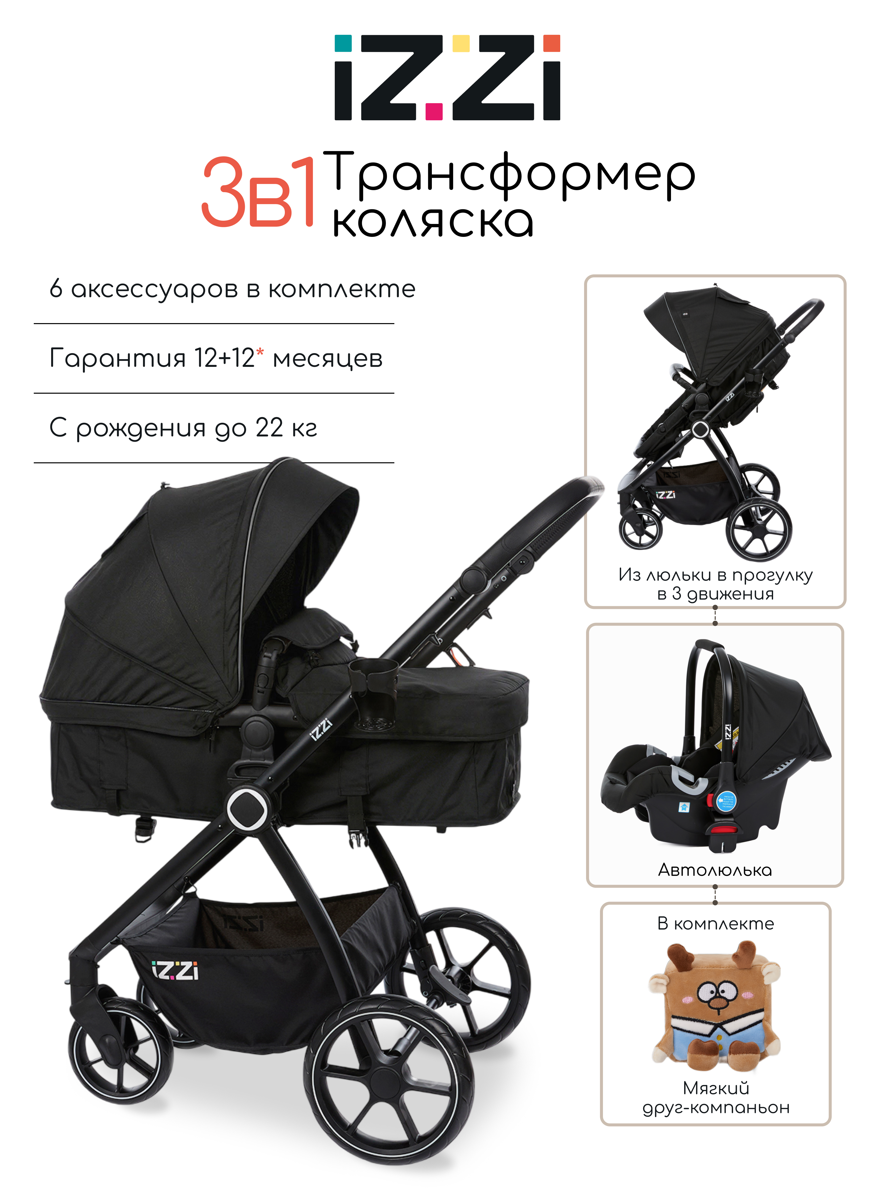 Изображение товара Коляска трансформер iZZi Универсальная черный