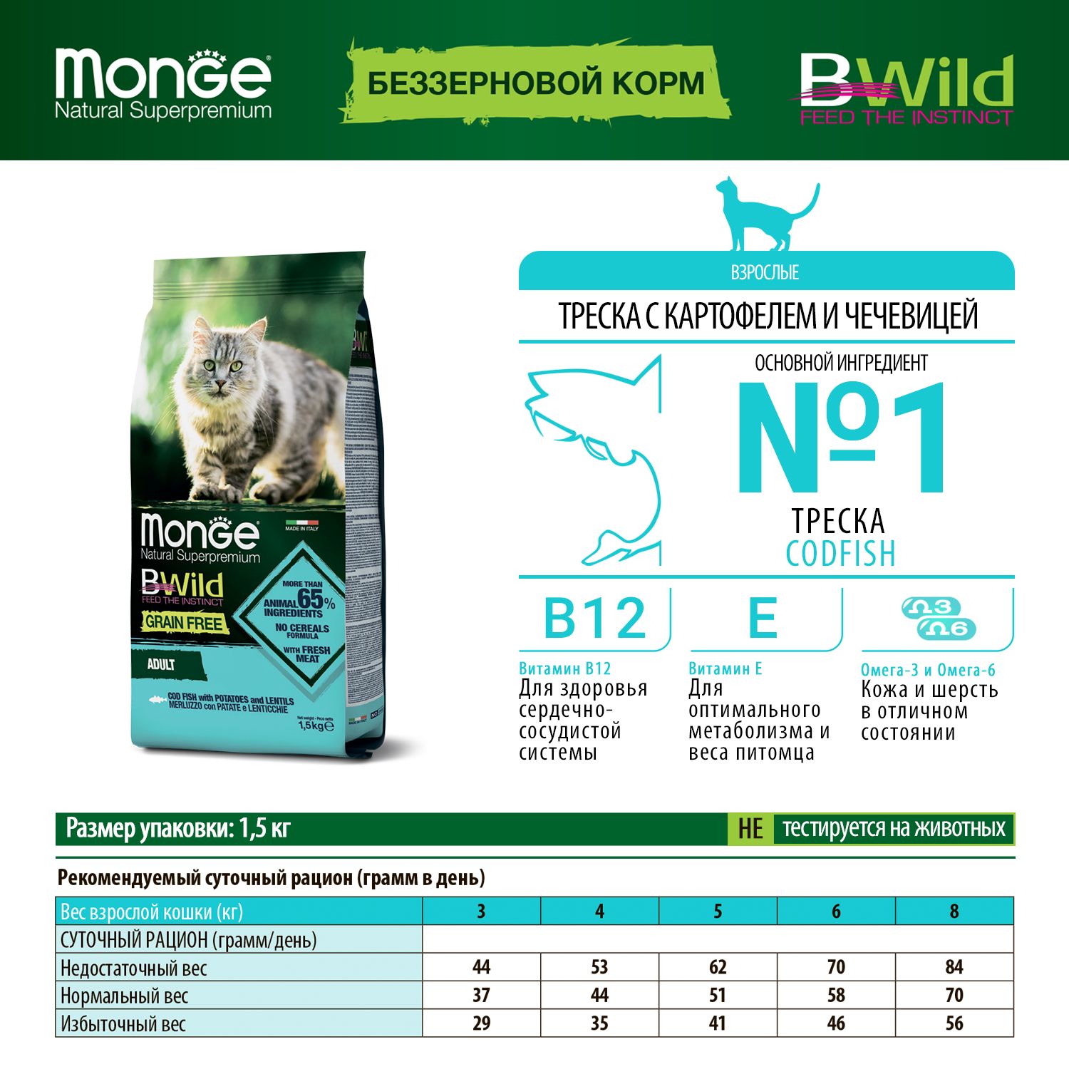 Корм для кошек MONGE BWild Grain free из трески картофеля и чечевицы 1.5кг - фото 7