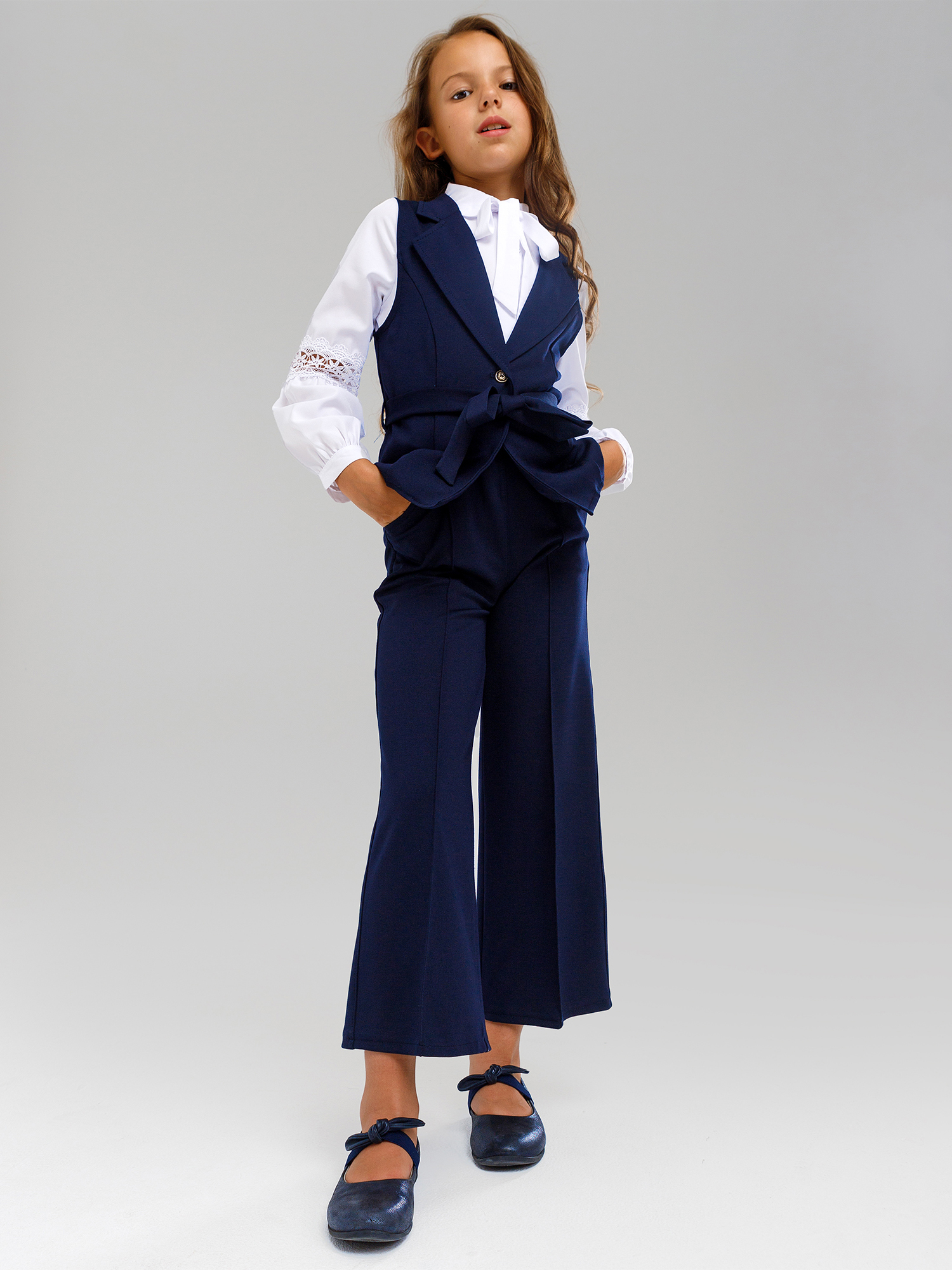 Изображение товара [Брюки и жилет] СИНЯЯ МОДА 122 Ретро-костюм для девочки: брюки 7/8 и жакет