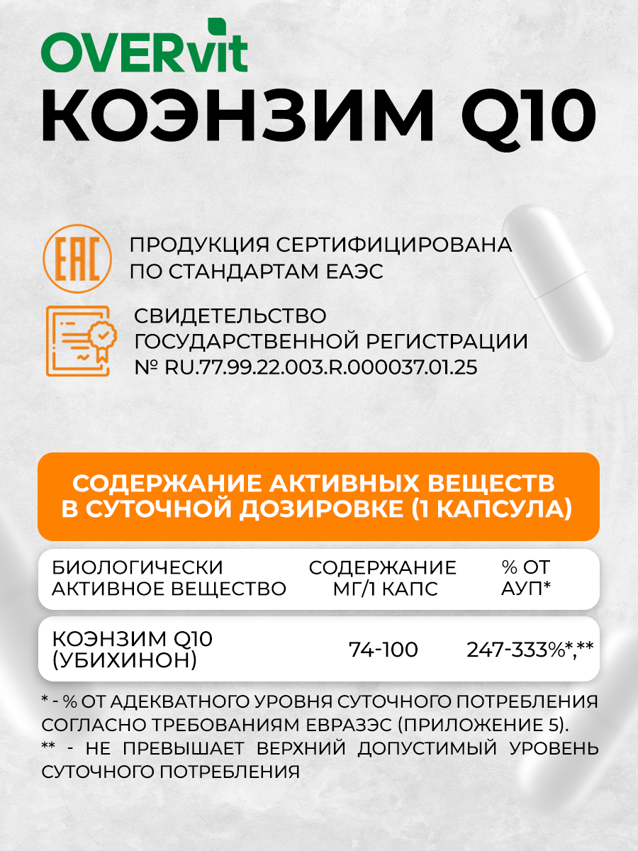 Коэнзим Q10 100 мг OVER OVER Бад сердца молодости и энергии 60 капсул - фото 5