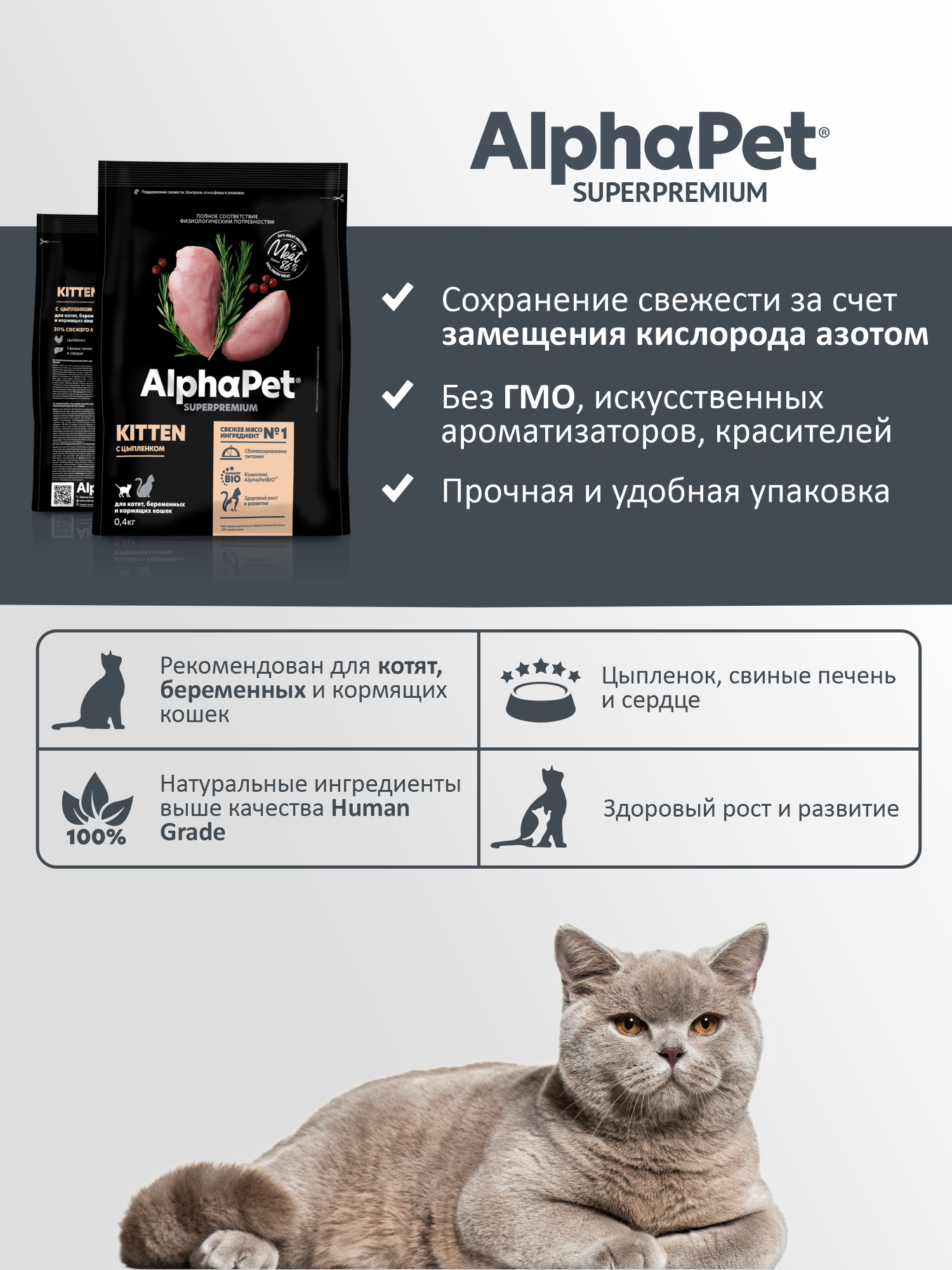 Сухой полнорационный корм холистик AlphaPet с цыпленком для котят, беременных и кормящих кошек AlphaPet Superpremium 0,4 кг - фото 4