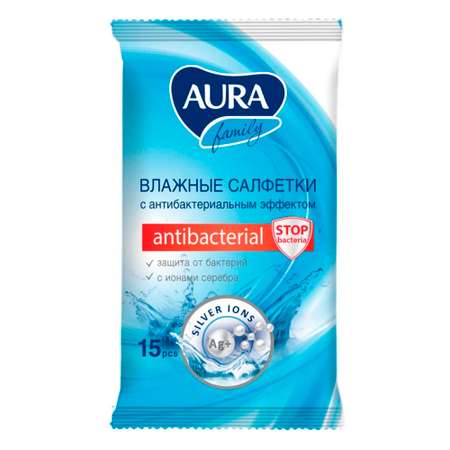 Влажные салфетки AURA Antibacterial антибактериальные 15 шт.