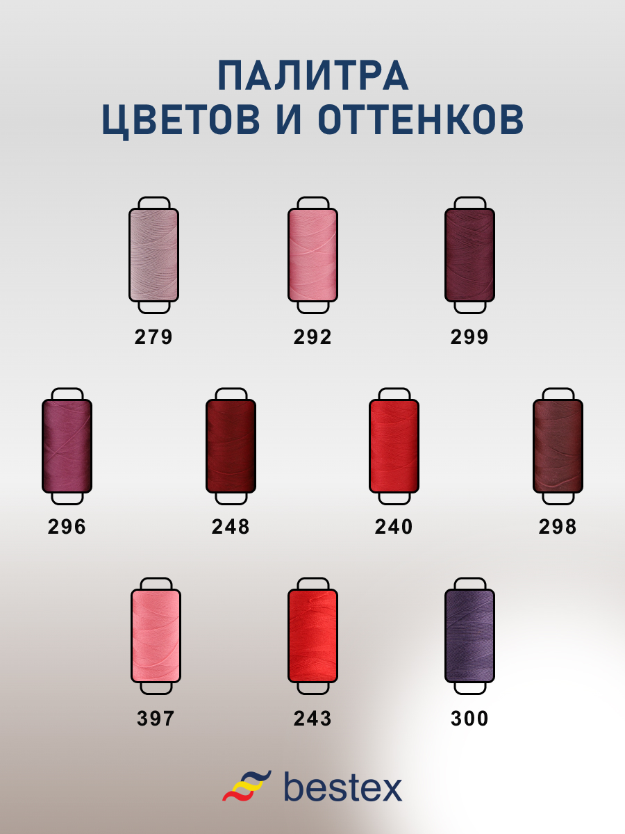 Набор ниток Bestex для шитья трикотажа ткани легкой и средней плотности 40/2 Красно - сиреневые 400 ярд 10 шт - фото 5