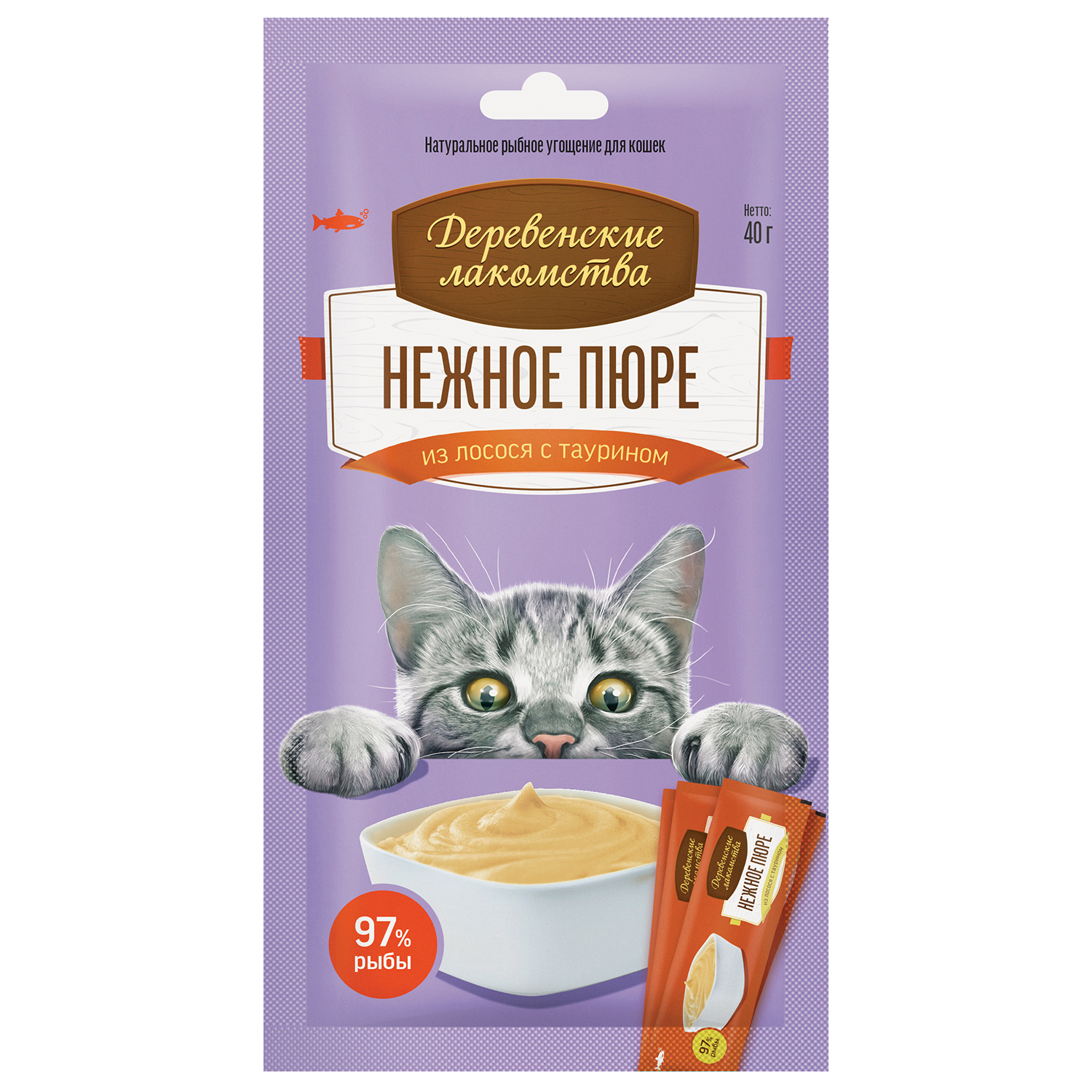 Лакомство для кошек Деревенские лакомства Нежное пюре из лосося 4*10г - фото 1