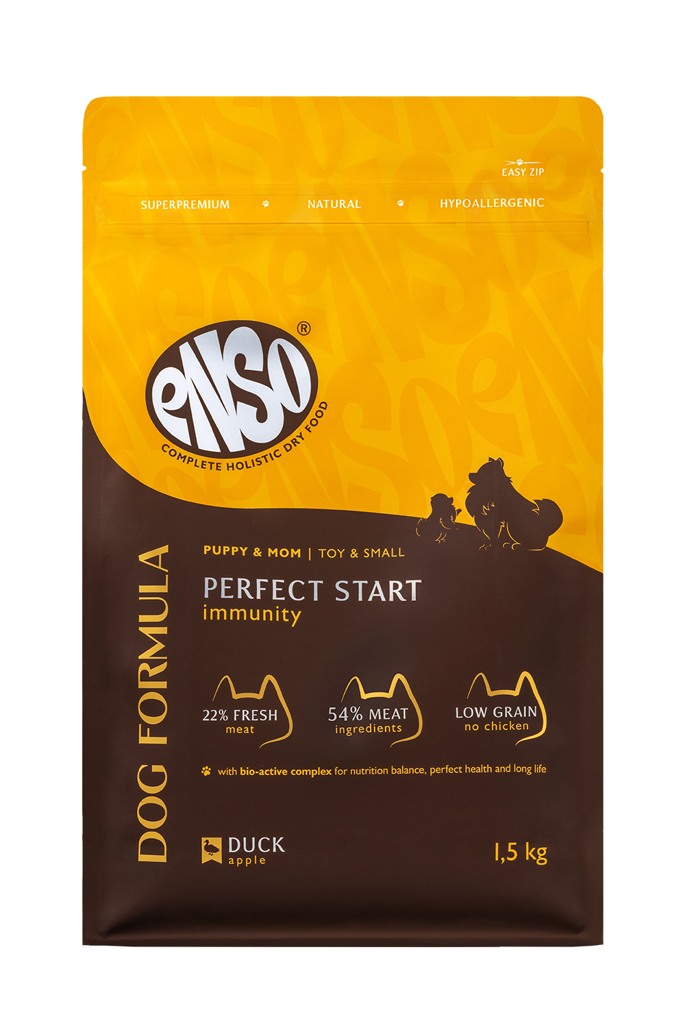Корм сухой полнорационный для щенков ENSO Dog Perfect start мелких и миниатюрных пород с уткой и яблоком 1.5кг - фото 1