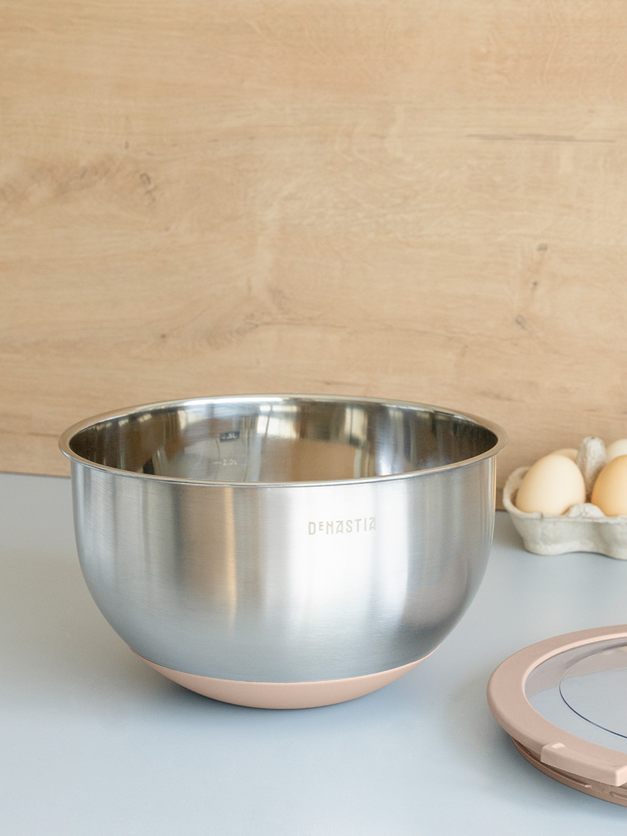 Миска DeNASTIA с прозрачной крышкой 3 л нерж.сталь бежевый A000335 - фото 3