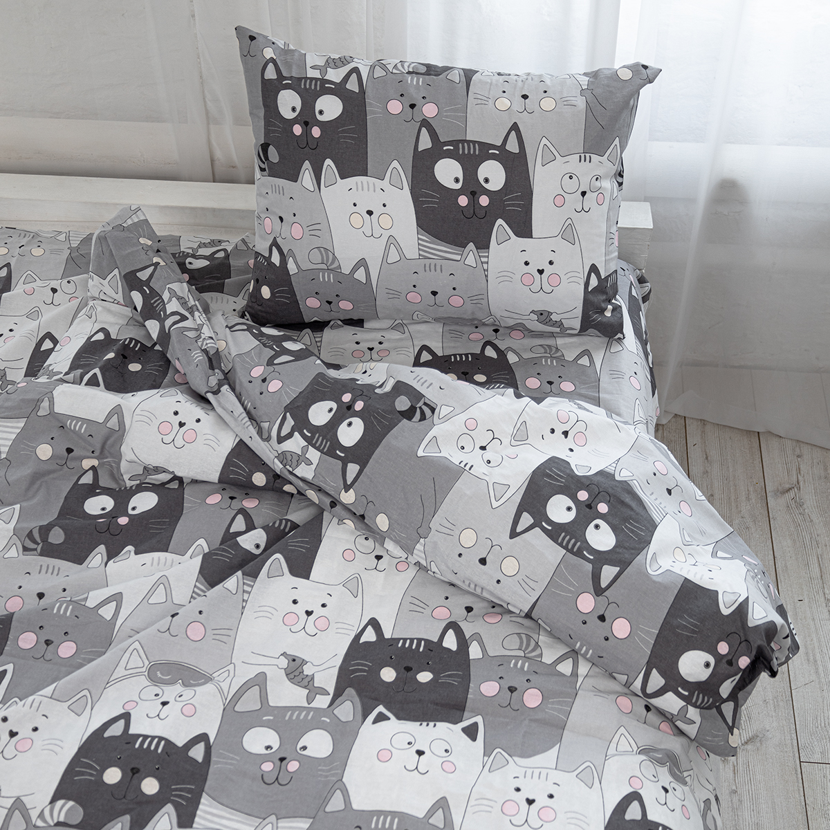 Комплект постельного белья TEO kids Серые котики 1.5-спальный простыня на резинке 90х200 рисунок 5236-1 - фото 5
