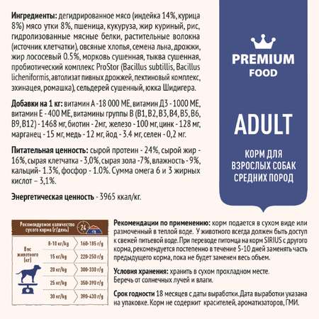 Корм для собак SIRIUS средних пород индейка-утка-овощи 12кг