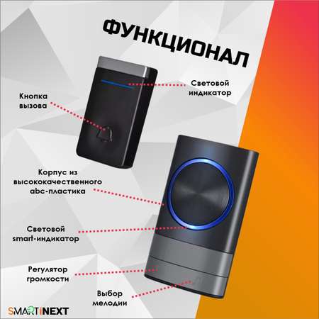 Звонок беспроводной дверной SmartiNext без батареек 52 мелодии черно-серый