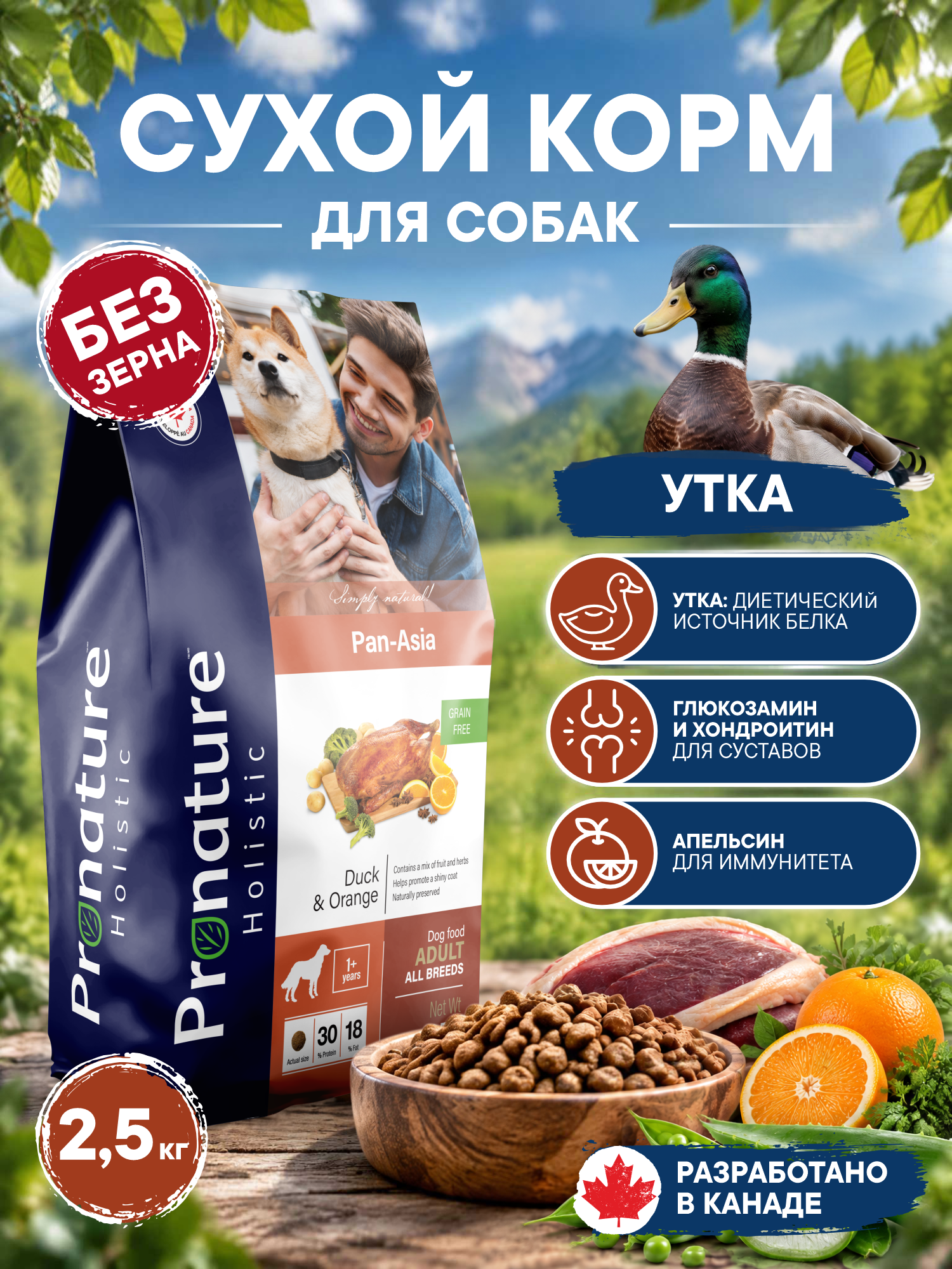 Корм для собак сухой Pronature Holistic Pan-Asia Grain Free беззерновой на утке с апельсином 2.5кг - фото 1