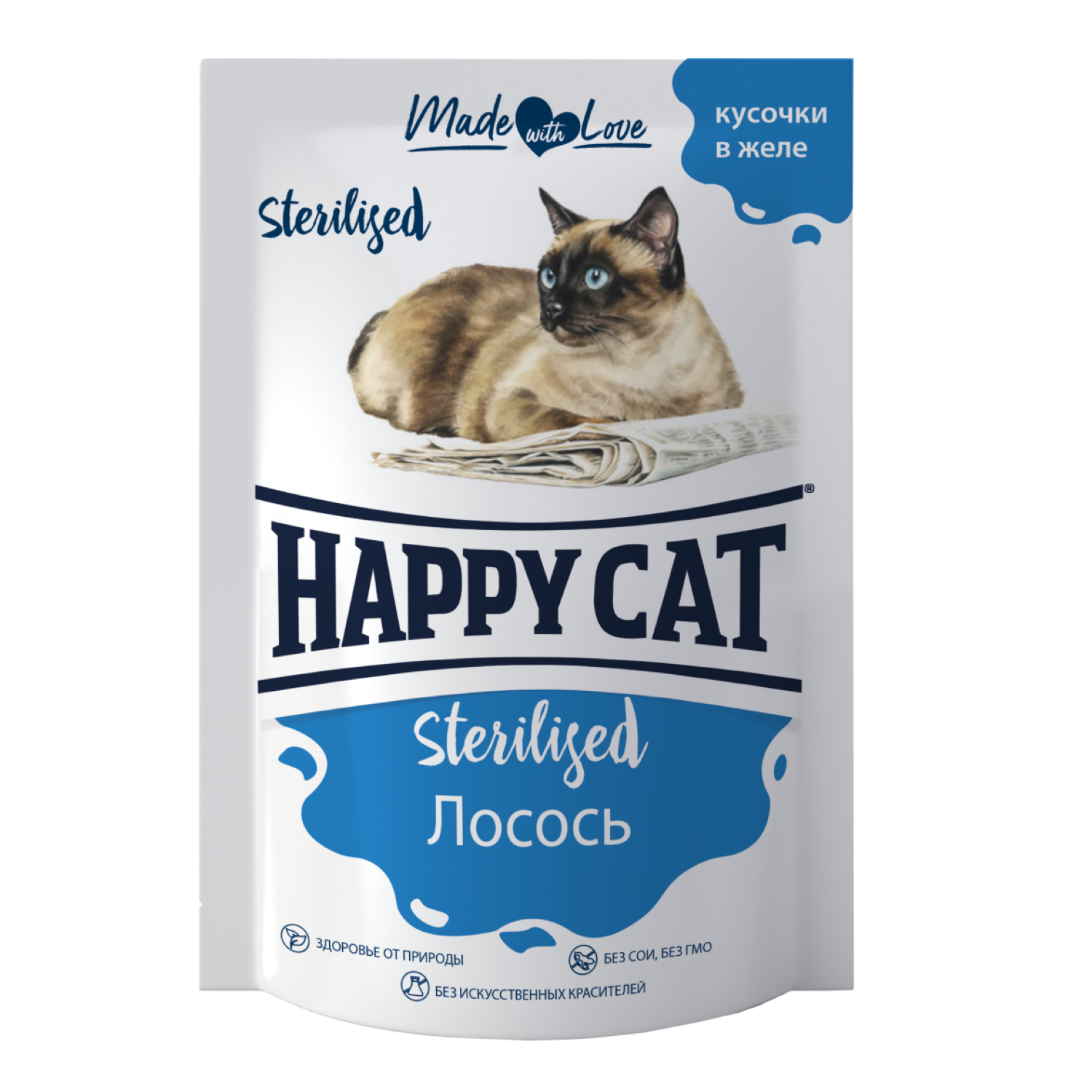 Корм для кошек Happy Cat 0.1кг стерилизованных лосось кусочки в желе - фото 1
