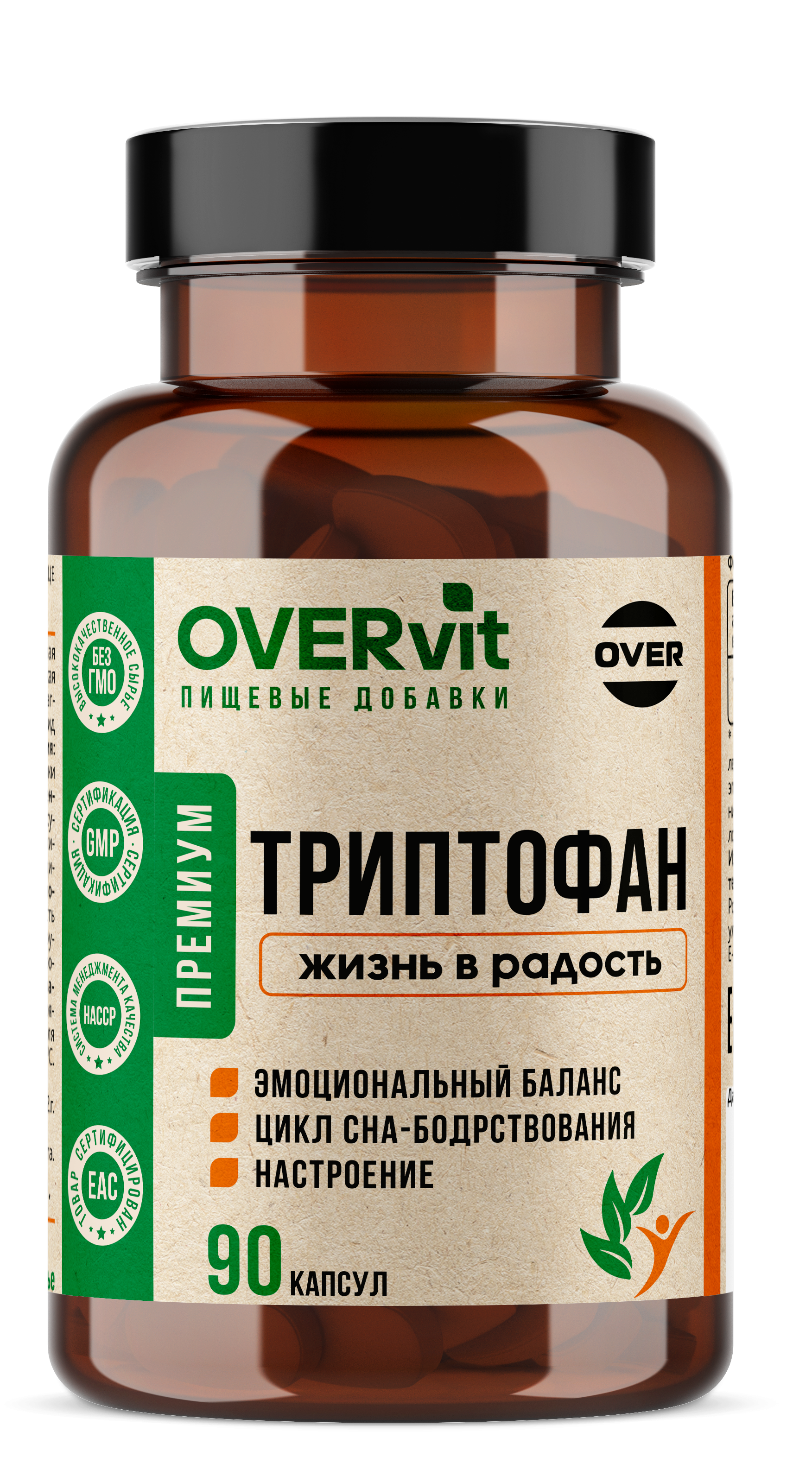 Триптофан 90 капсул. OVER Бад для снижения тревоги и раздражительности для улучшения сна и для повышения настроения - фото 1