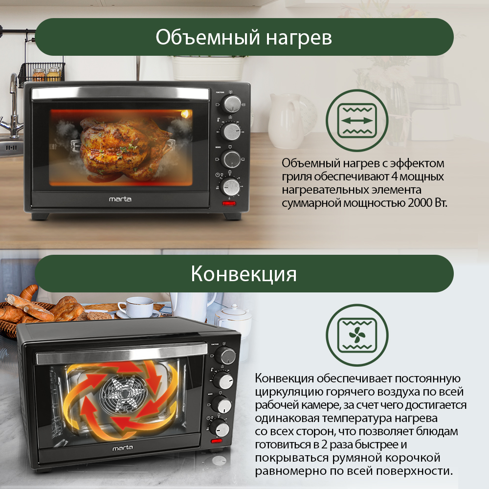 Мини-печь MARTA MT-4281 духовой шкаф 50 литров черный жемчуг - фото 7