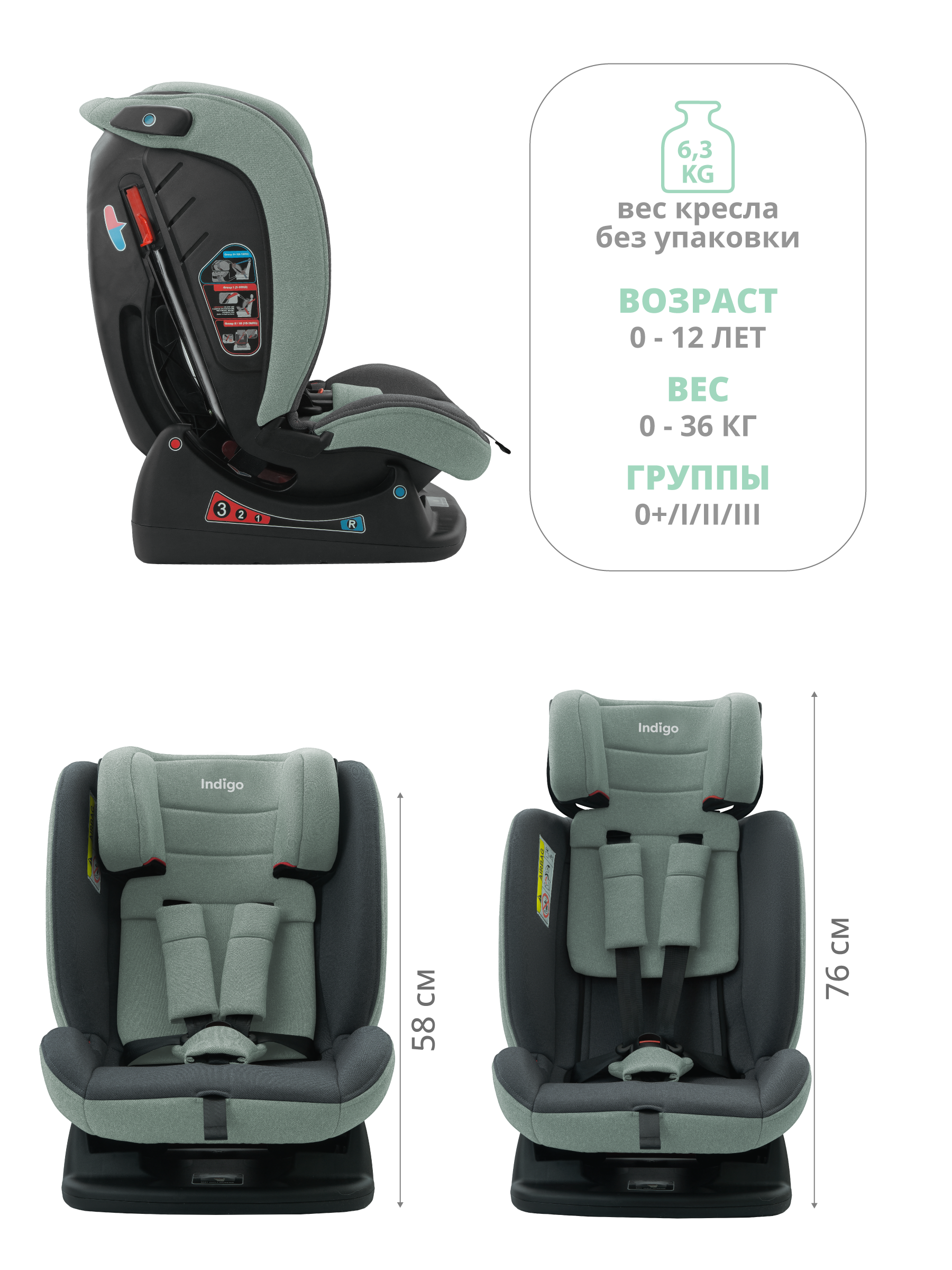 Автокресло Indigo Reflex зеленый-серый 0+/1/2/3 (0-36 кг) - фото 8