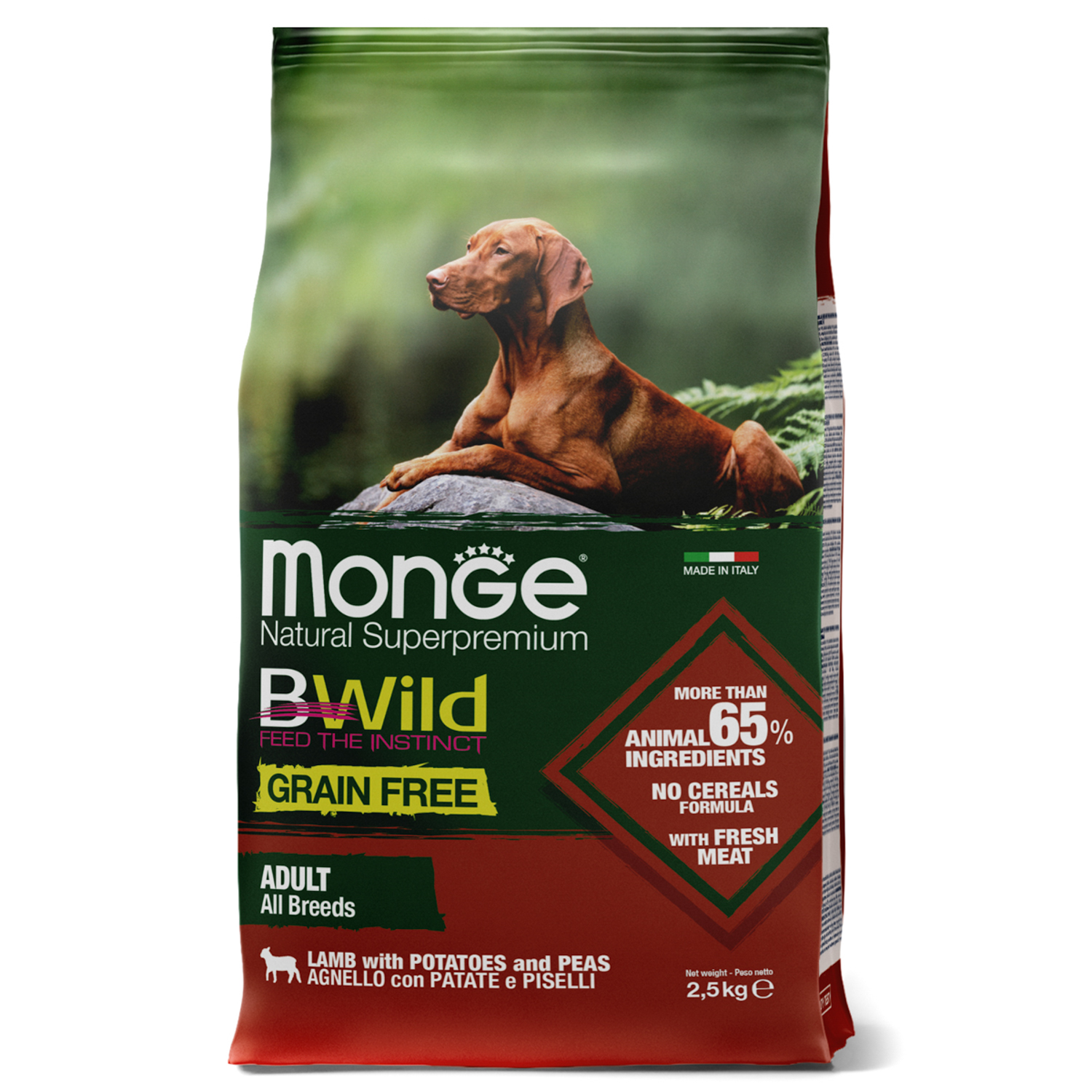 Корм для собак MONGE BWild Grain free из мяса ягненка с картофелем и горохом 2.5кг - фото 1
