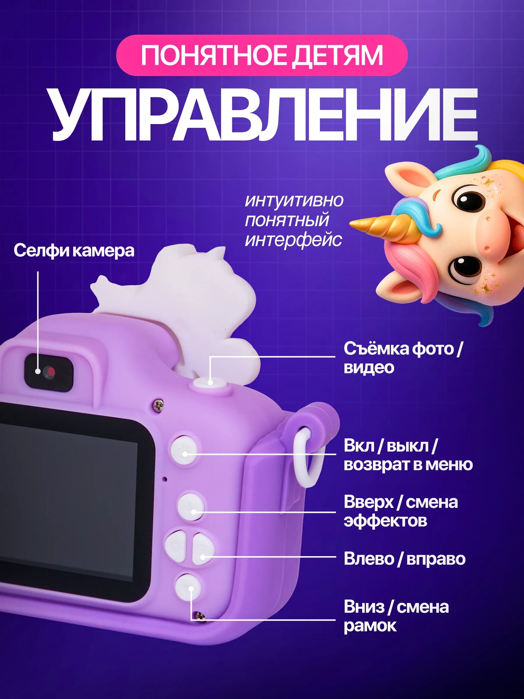 Цифровой фотоаппарат CASTLELADY Фотоаппарат Единорог сиреневый - фото 6