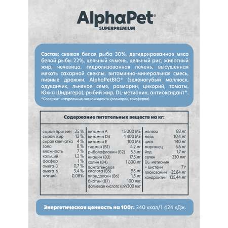 Корм для взрослых собак AlphaPet средних и крупных пород Superpremium Monoprotein сухой из белой рыбы 12кг